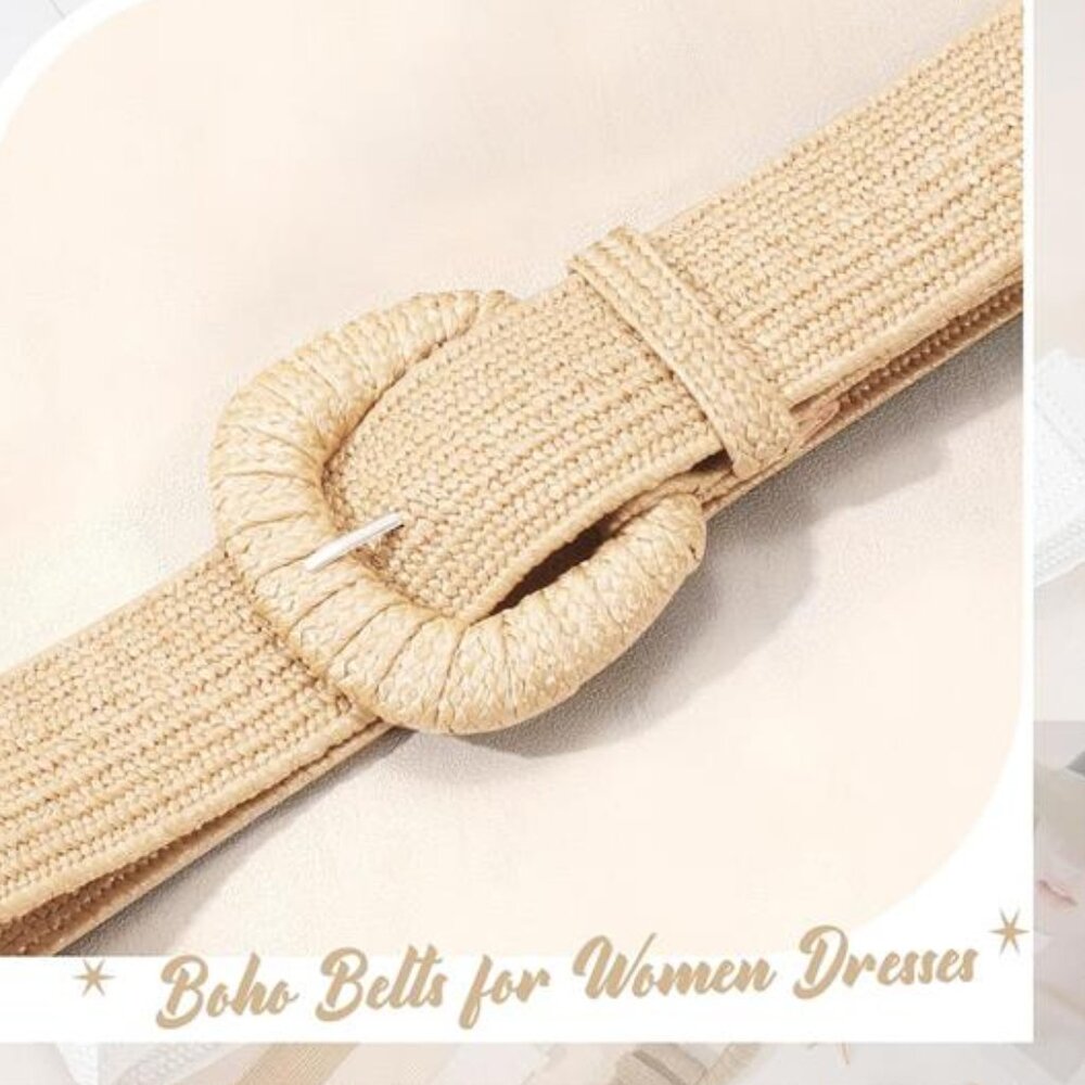 Straw Woven Elastic Belt for Women Beige - Picture 2 of 4